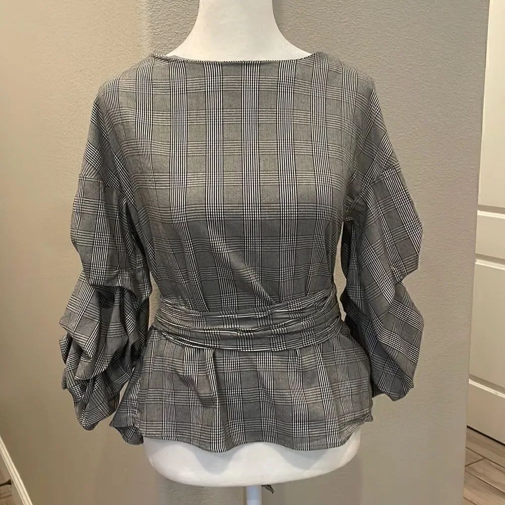 Zara Houndstooth Wrap Crop Blouse